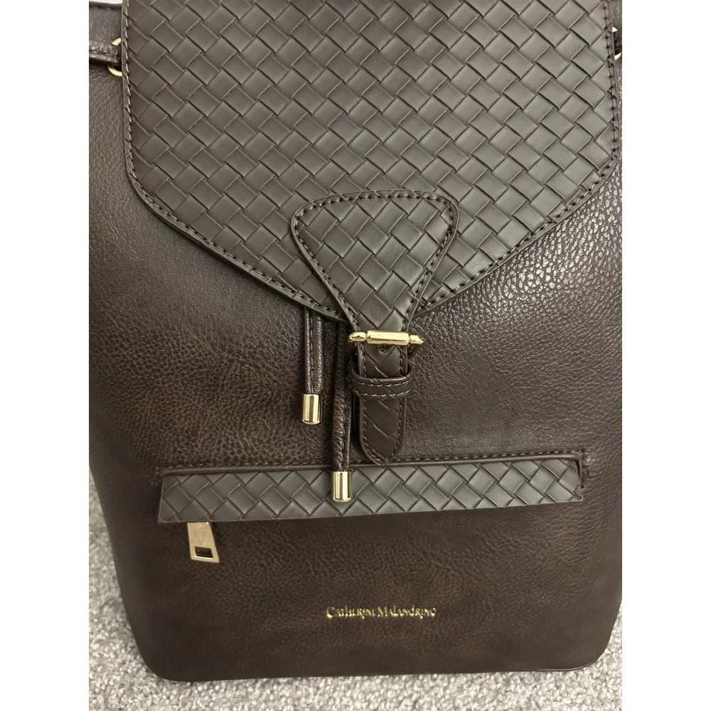 Catherine Malandrino Backpack Womens OS Brown New Woven Faux Leather Drawstring